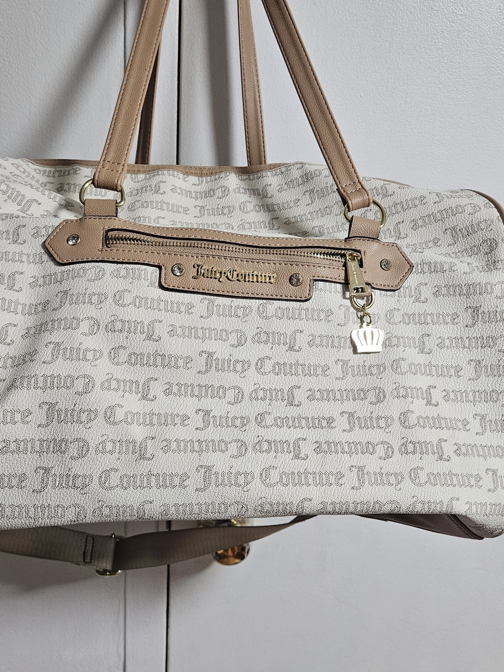 Juicy Couture Duffel Cream Logo Tote with Tan Trim and Gold Hardware